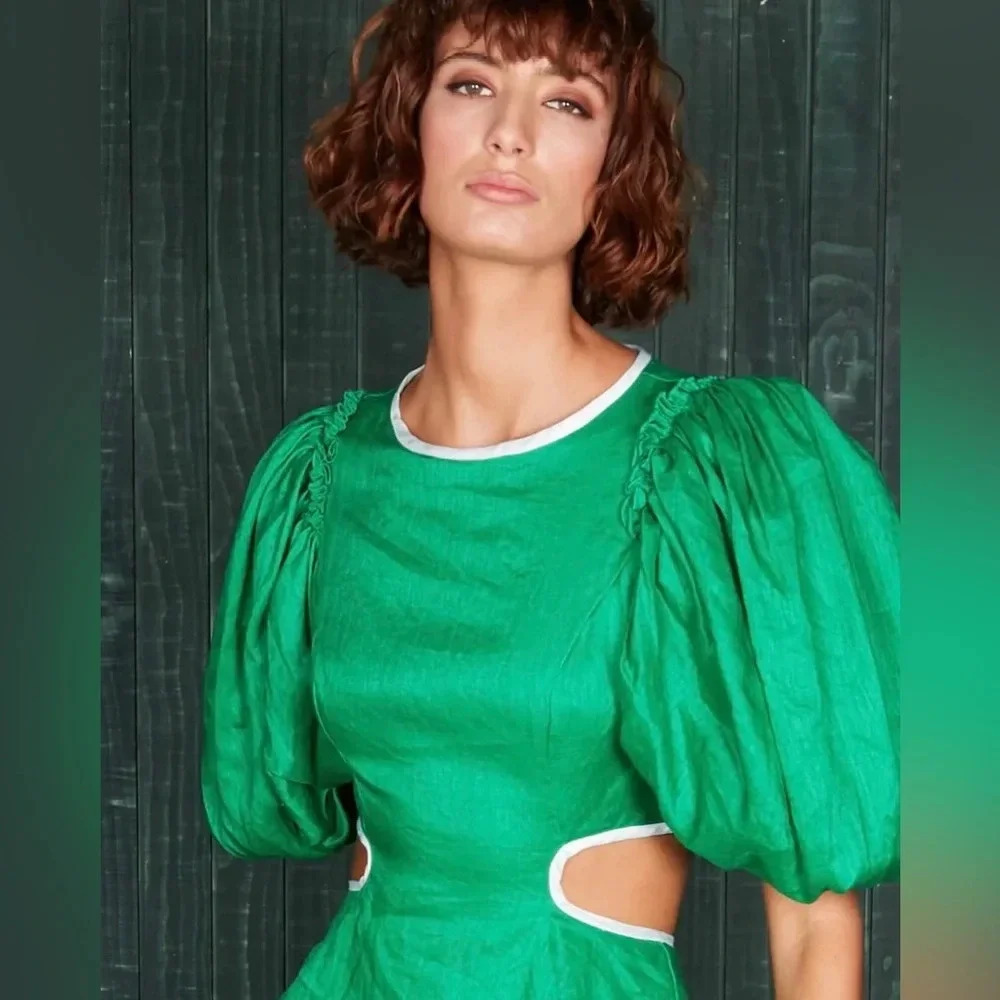 NWT MACKENZIEMODE Puff Sleeve Tiered Maxi Dress in Emerald Size 8 - Picture 6 of 16